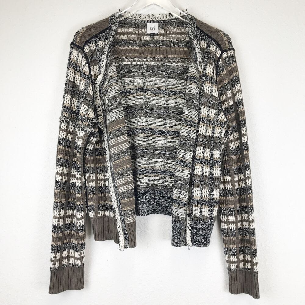 Cabi Classic Cardigan Brown Knit Plaid Boho Fringe Open Front Sweater Cotton L